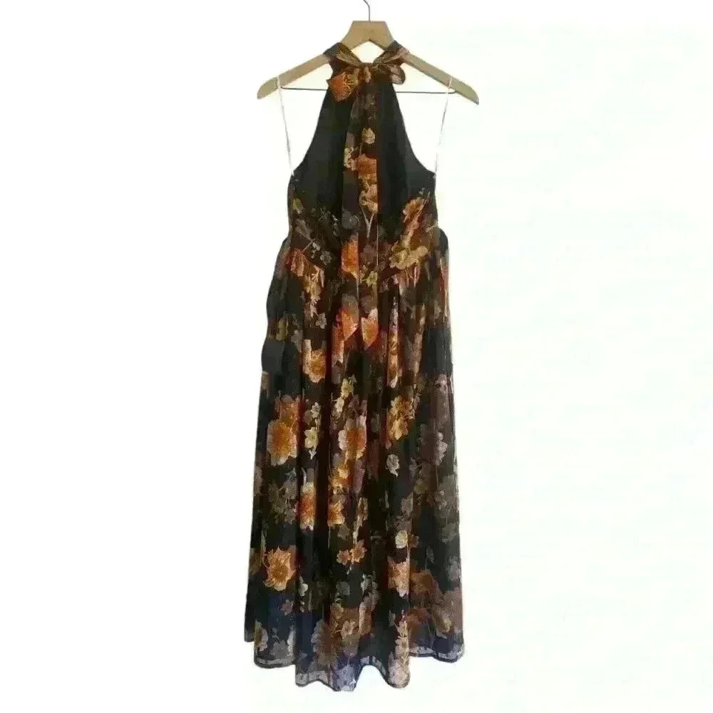 Lulu's Black Floral Midi Dress with Gold & Rust Blooms - Picture 2 of 9